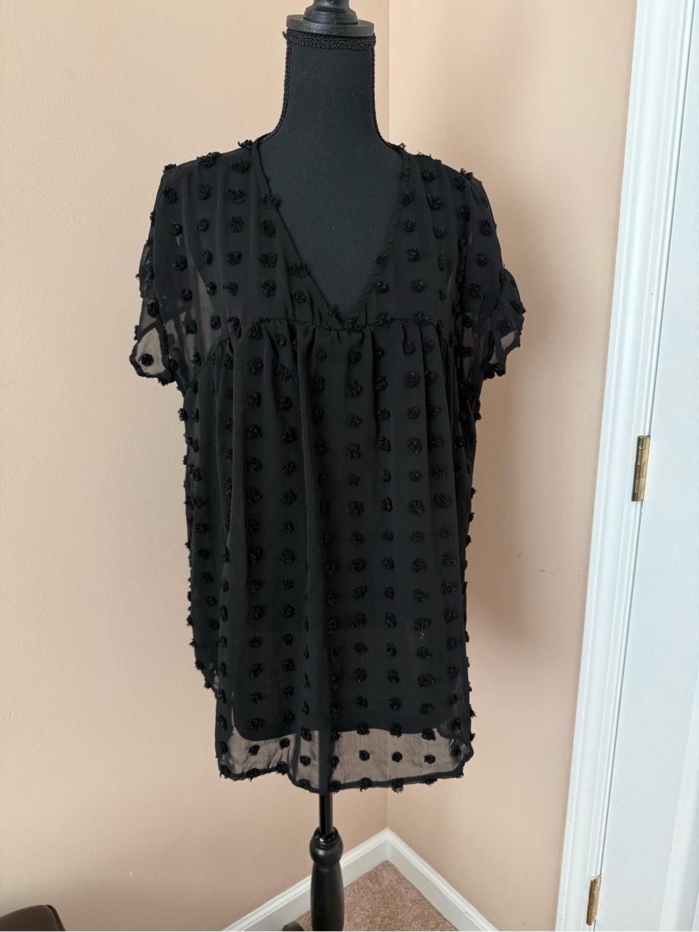 SHEIN Black Swiss Dot V-Neck Short Sleeve Blouse